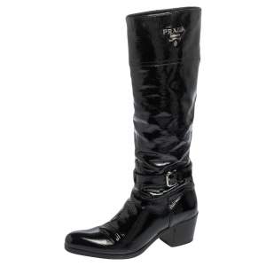 Pre Owned Prada Black Patent Leather Knee Length Boots Size 37