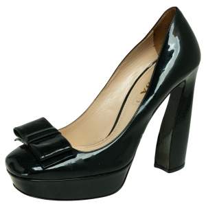 Pre Owned Prada Dark Green Patent Leather Bow Detail Platform Pumps Size 39