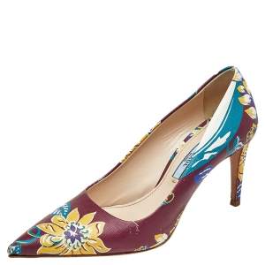 Pre Owned Prada Burgundy Flower Print Leather Pointed Toe Pumps Size 36
