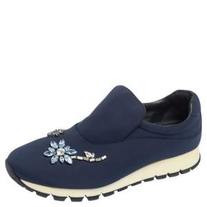 Pre Owned Prada Blue Nylon Catch Me If You Can Crystal Embellished Slip On Sneakers Size 39