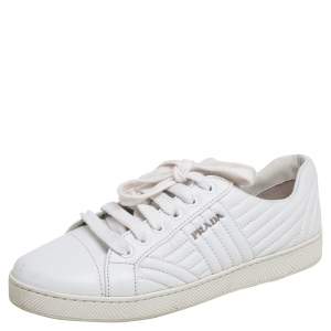 حذاء رياضي برادا جلد أبيض مبطن بعنق منخفض مقاس 36.5