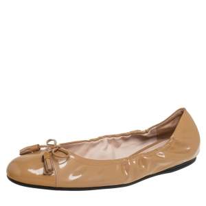 Pre Owned Prada Beige Patent Leather Tassel Bow Flats Size 42