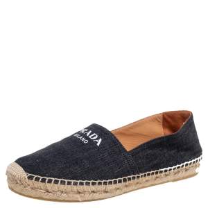 Pre Owned Prada Black Denim Logo Espadrille Flats Size 38