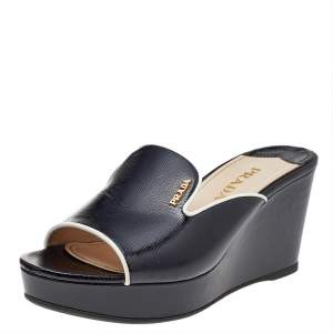 Prada Black Saffiano Vernice Leather Logo Wedge Platform Sandals Size 38 