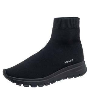 Prada Black Knit Fabric High Top Slip On Sneakers Size 38 