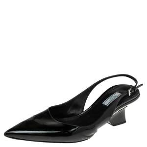 Prada Black Patent Leather  Pointed Toe Slingback Sandals Size 41