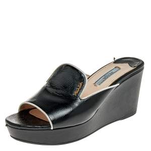 Pre Owned Prada Black Saffiano Patent Leather Platform Wedge Slide Sandals Size 36