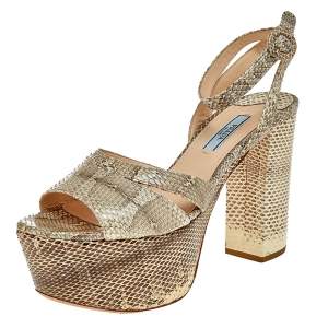 Pre Owned Prada Beige/Brown Snakeskin Platform Ankle Strap Sandals Size 37