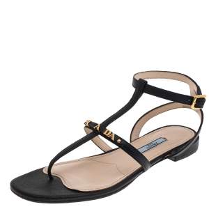 Pre Owned Prada Black Saffiano Leather T-Strap Flat Sandals Size 38.5