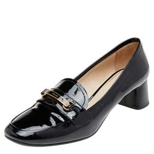 Prada Black Patent Leather Block Heel Loafer Pumps Size 40