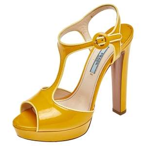 Pre Owned Prada Yellow Patent Leather T-Strap Platform Sandals Size 37.5