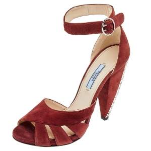 Pre Owned Prada Brown Suede Crystal Heel Ankle Strap Sandals Size 38