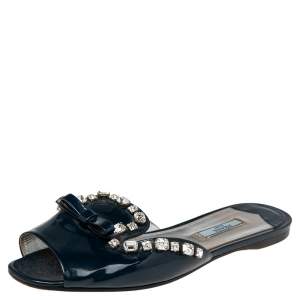 Pre Owned Prada Navy Blue Patent Leather Crystal And Bow Embellished Flat Slides Size 39