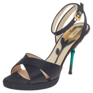 Pre Owned Prada Black Satin Floral Enamel Ankle Strap Sandals Size 37.5