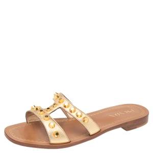 Pre Owned Prada Metallic Gold Leather Studded Flat Slide Size 38.5