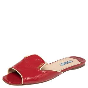 Pre Owned Prada Red Patent Leather Logo Embellished Flat Slides Size 39.5
