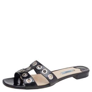 Pre Owned Prada Black Patent Leather Eyelet Detail Flat Slides Size 39.5 