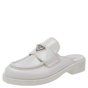 Pre Owned Prada White Leather Logo Embellished Mules Size 40