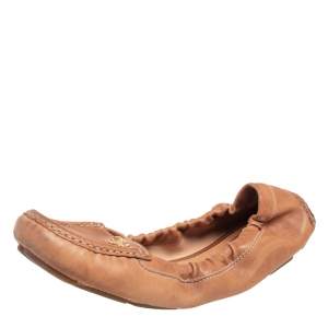 Pre Owned Prada Tan Leather Scrunch Ballet Flats Size 38.5