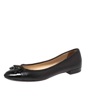 Pre Owned Prada Black Patent And Leather Bow Cap Toe Ballet Flats Size 39