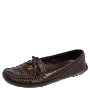 Pre Owned Prada Brown Grained Leather Bow Loafers Size 39