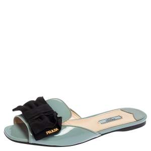 Pre Owned Prada Blue Patent Leather Bow Peep Toe Flat Slides Size 40