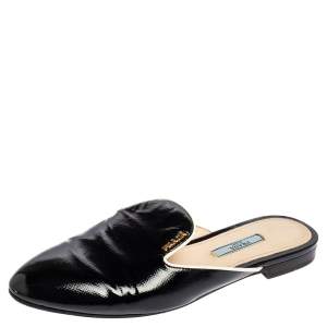 Pre Owned  Prada Black Patent Leather Mule Flat Slides Size 36.5
