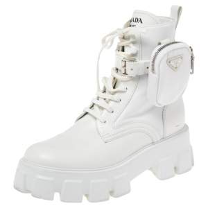 Pre Owned Prada White Leather And Nylon Monolith Ankle Boots 40