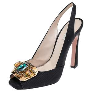 مملوكة مسبقًا Prada Black Nylon Crystal Embellished Slingback Sandals Size 37.5
