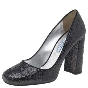 Pre Owned Prada Black Glitter Block Heel Pumps Size 37.5