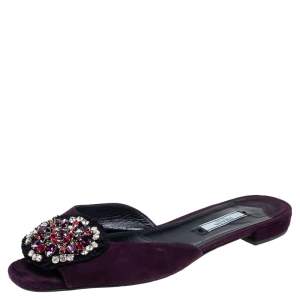 Pre Owned Prada Purple Suede Crystal Embellished Suede Flat Slides Size 39.5