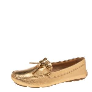 Pre Owned Prada Gold  Leather Slip On Loafers Size 37.5