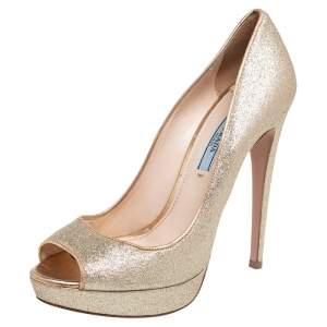 Pre Owned Prada Metallic Gold Glitter Peep Toe Platform Pumps Size 38