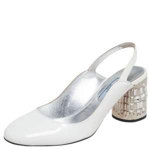 Pre Owned Prada White Patent  Leather Round Toe  Slingback Sandals Size 37