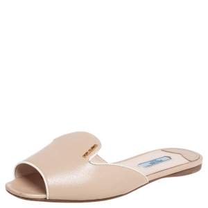 Pre Owned Prada Beige Patent Saffiano Leather Flat Slides Size 38