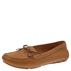Pre Owned Prada Tan Leather Bow Slip On Loafers Size 38