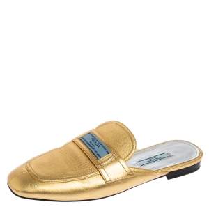 Pre Owned Prada Gold Leather  Mules Sandals Size 38.5