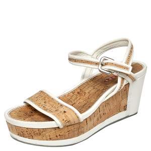 Pre Owned Prada Beige-White Leather Platform Wedge Sandals Size 37.5