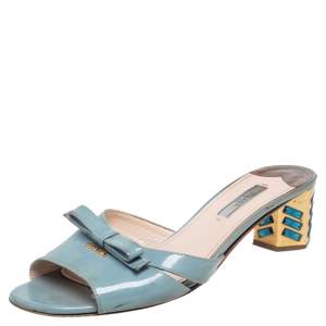 Pre Owned Prada Blue Patent Leather Bow Crystal Embellished Sandals  Size 39
