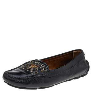 Prada Black Patent Leather Studded Slip On Loafers Size 36