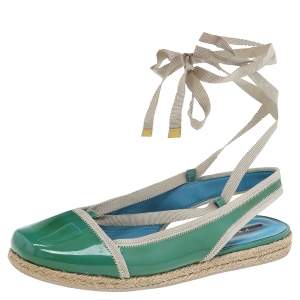 مملوكة مسبقًا Prada Green/Cream Patent Leather Ankle Wrap Espadrille Flats Size 38.5