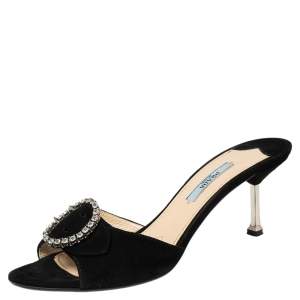 Pre Owned Prada Black Suede Crystal Embellished Buckle Detail Slide Sandals Size 38