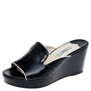 Prada Black/White Saffiano Patent Leather Wedge Slide Sandal Size 38