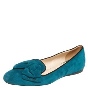 Pre Owned Prada Blue Suede Bow Ballet Flats Size 39