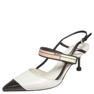 Prada White/Black Leather  Pointed Toe Slingback Sandals Size 37