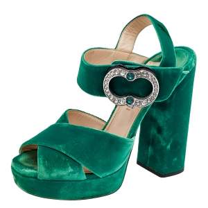 Prada Green Velvet Embellished Ankle Strap Sandals Size 39
