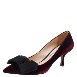 Pre Owned Prada Burgundy/Black Velvet Bow Pointed Toe Pumps Size 37