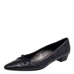 Pre Owned Prada Black Embroidered Leather Bow Pumps Size 40.5