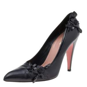Pre Owned Prada Black Leather Floral Embellished Pumps Size 38.5