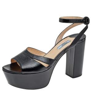 Pre Owned Prada Black Saffiano Patent Leather Ankle Strap Block Heel Platform Sandals Size 40